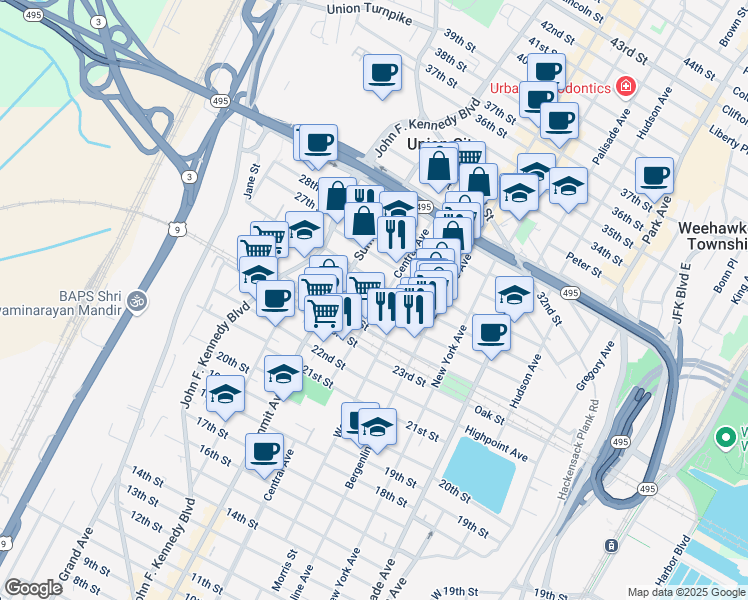 map of restaurants, bars, coffee shops, grocery stores, and more near 711 26th Street in Union City