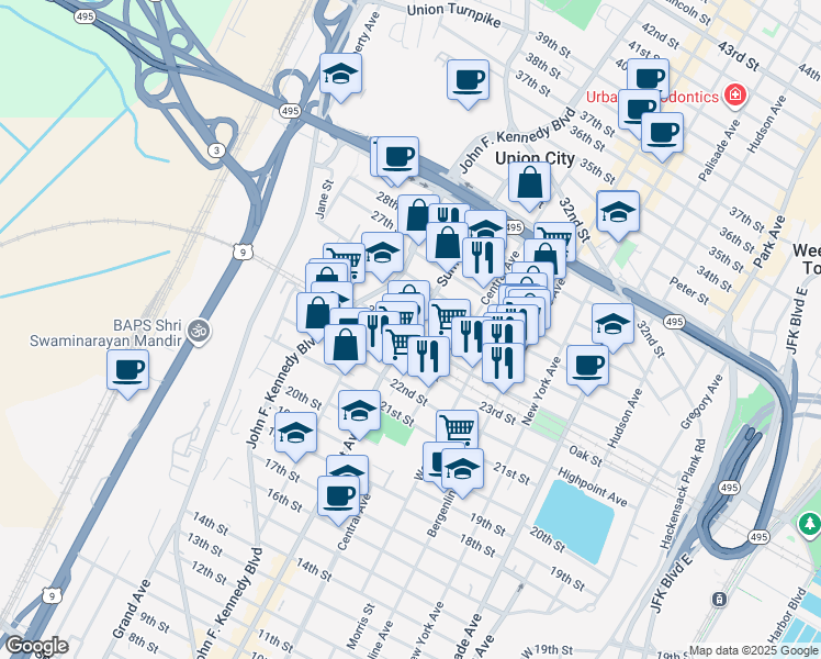 map of restaurants, bars, coffee shops, grocery stores, and more near 2500 Summit Avenue in Union City