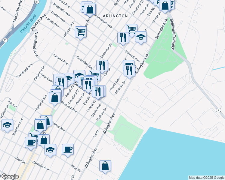 map of restaurants, bars, coffee shops, grocery stores, and more near 498 Forest Street in Kearny