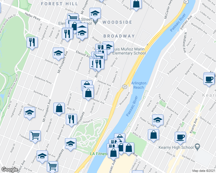map of restaurants, bars, coffee shops, grocery stores, and more near 77-79 Delavan Avenue in Newark