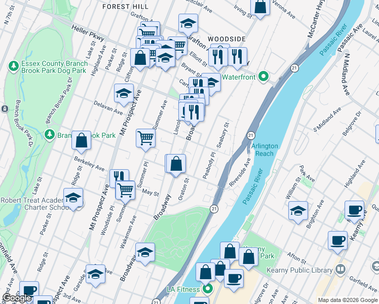 map of restaurants, bars, coffee shops, grocery stores, and more near 572 Broadway in Newark