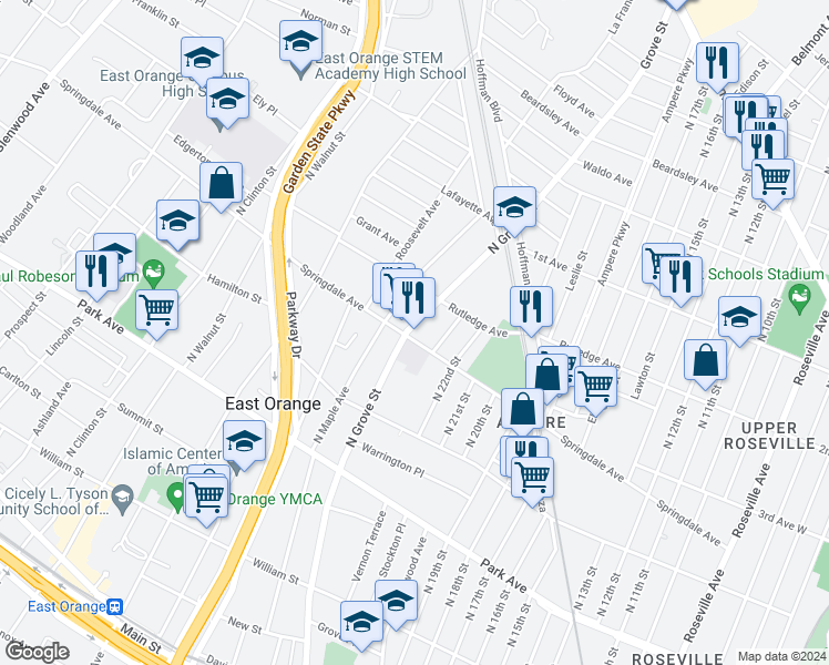 map of restaurants, bars, coffee shops, grocery stores, and more near 465 County Road 509 in East Orange