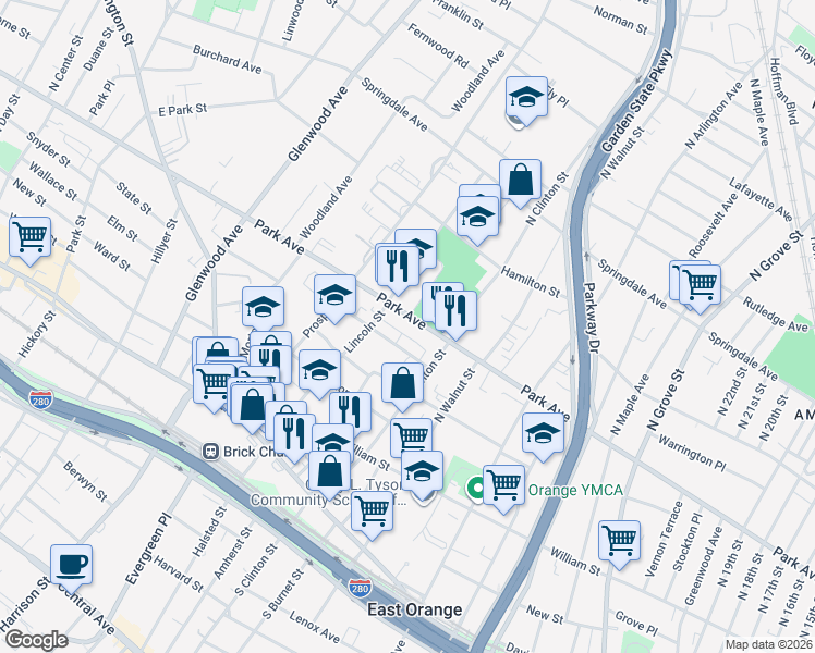map of restaurants, bars, coffee shops, grocery stores, and more near 458 Park Avenue in East Orange