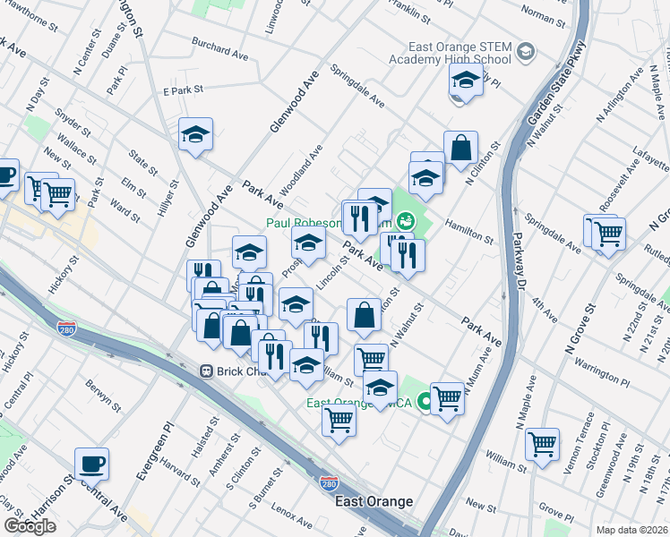 map of restaurants, bars, coffee shops, grocery stores, and more near 491 Park Avenue in East Orange