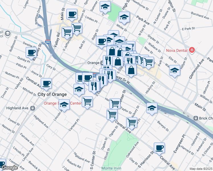 map of restaurants, bars, coffee shops, grocery stores, and more near in City of Orange