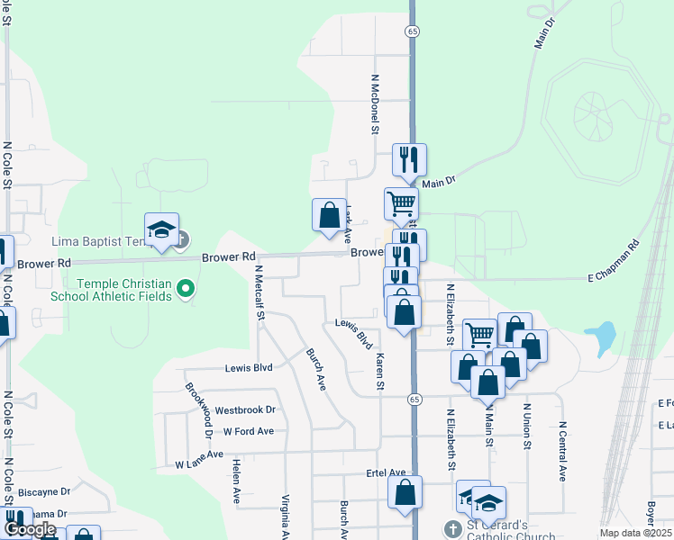 map of restaurants, bars, coffee shops, grocery stores, and more near 520 Brower Road in Lima