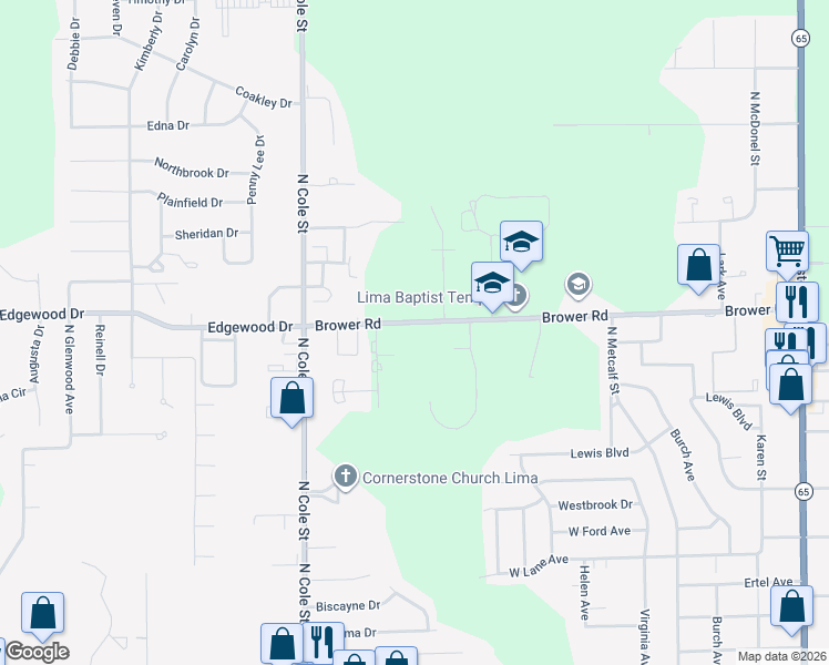 map of restaurants, bars, coffee shops, grocery stores, and more near 1026 Brower Rd in Lima