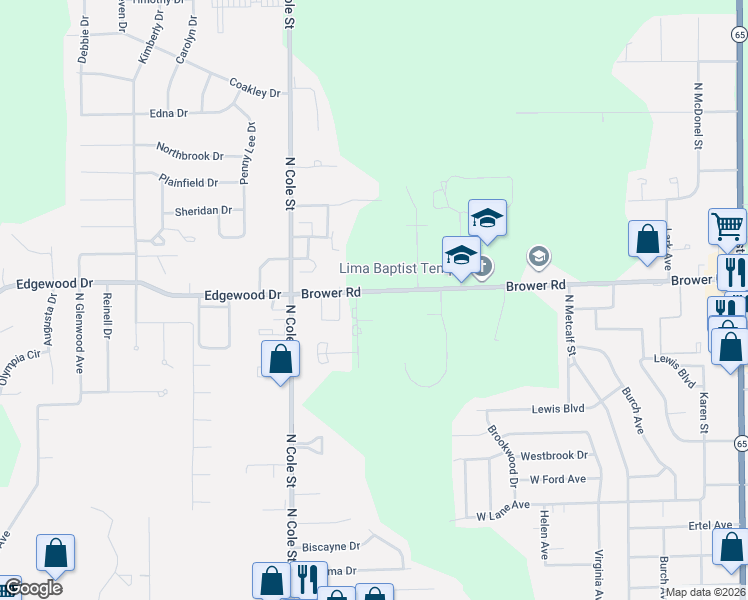 map of restaurants, bars, coffee shops, grocery stores, and more near 1150 Brower Road in Lima