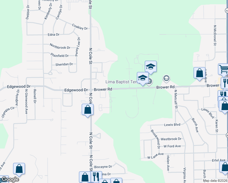 map of restaurants, bars, coffee shops, grocery stores, and more near 1150 Brower Road in Lima
