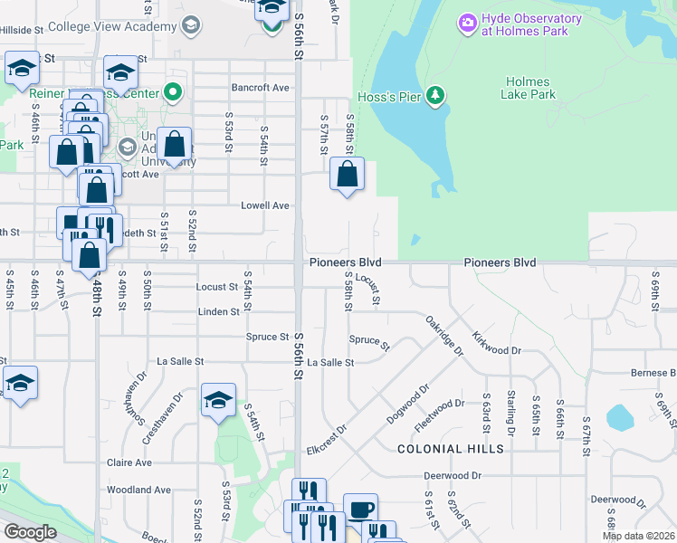map of restaurants, bars, coffee shops, grocery stores, and more near 4248 South 58th Street in Lincoln