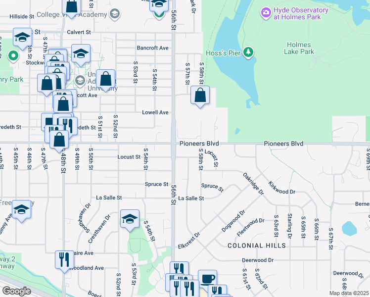 map of restaurants, bars, coffee shops, grocery stores, and more near 5625 Pioneers Boulevard in Lincoln