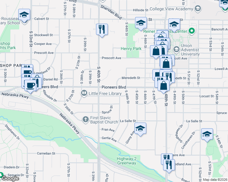 map of restaurants, bars, coffee shops, grocery stores, and more near 4130 Pioneers Boulevard in Lincoln