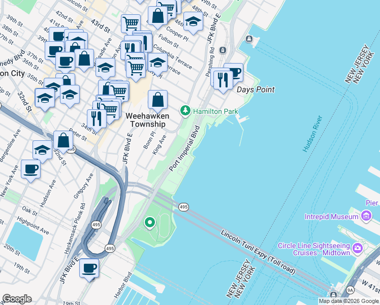 map of restaurants, bars, coffee shops, grocery stores, and more near in Weehawken