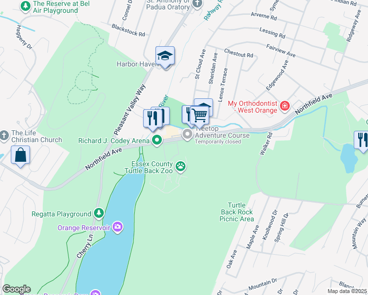 map of restaurants, bars, coffee shops, grocery stores, and more near 555 Northfield Avenue in West Orange