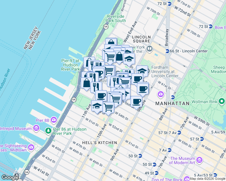 map of restaurants, bars, coffee shops, grocery stores, and more near 530 West 57th Street in New York