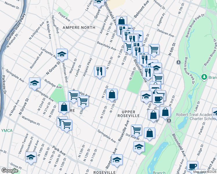 map of restaurants, bars, coffee shops, grocery stores, and more near 411 North 13th Street in Newark