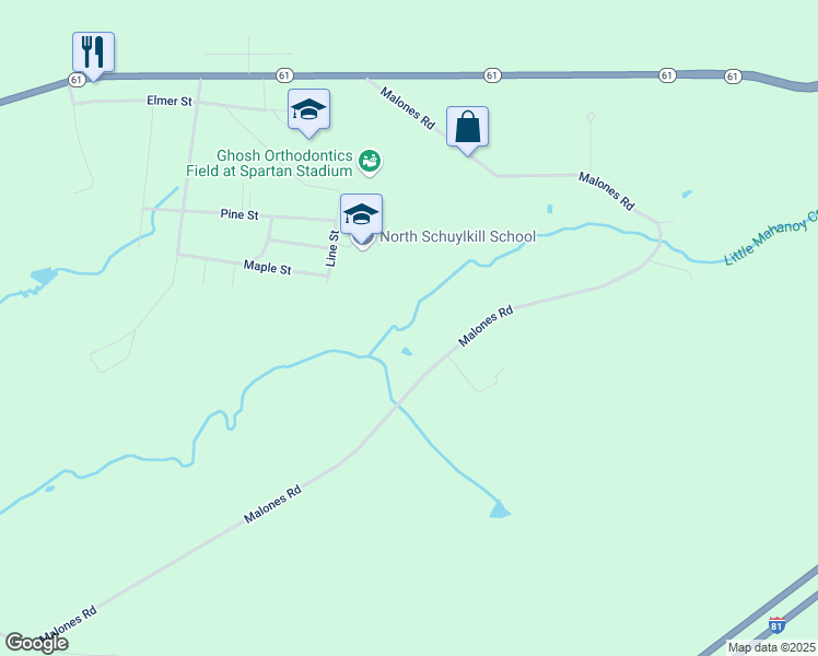map of restaurants, bars, coffee shops, grocery stores, and more near 241 Malones Road in Ashland