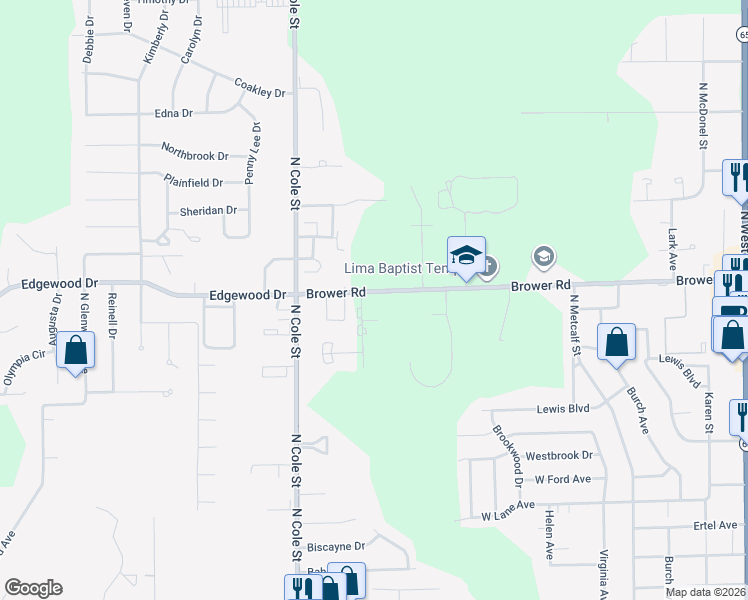 map of restaurants, bars, coffee shops, grocery stores, and more near 1150 Brower Road in Lima
