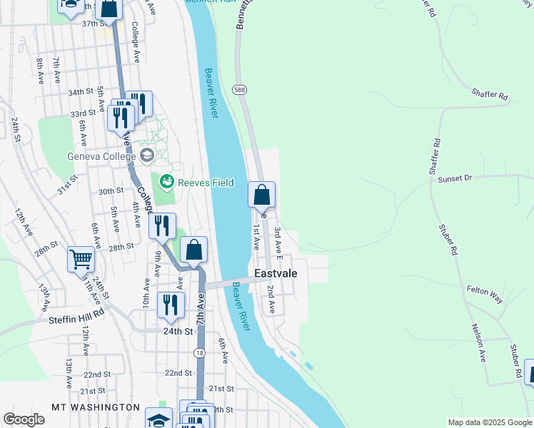 map of restaurants, bars, coffee shops, grocery stores, and more near 520 2nd Avenue East in Beaver Falls
