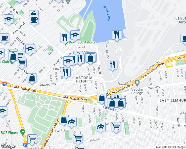 map of restaurants, bars, coffee shops, grocery stores, and more near 21-48 80th Street in Queens
