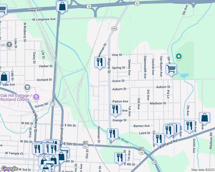 map of restaurants, bars, coffee shops, grocery stores, and more near 415 Wayne Street in Mansfield
