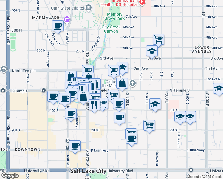 map of restaurants, bars, coffee shops, grocery stores, and more near 201 East South Temple Street in Salt Lake City