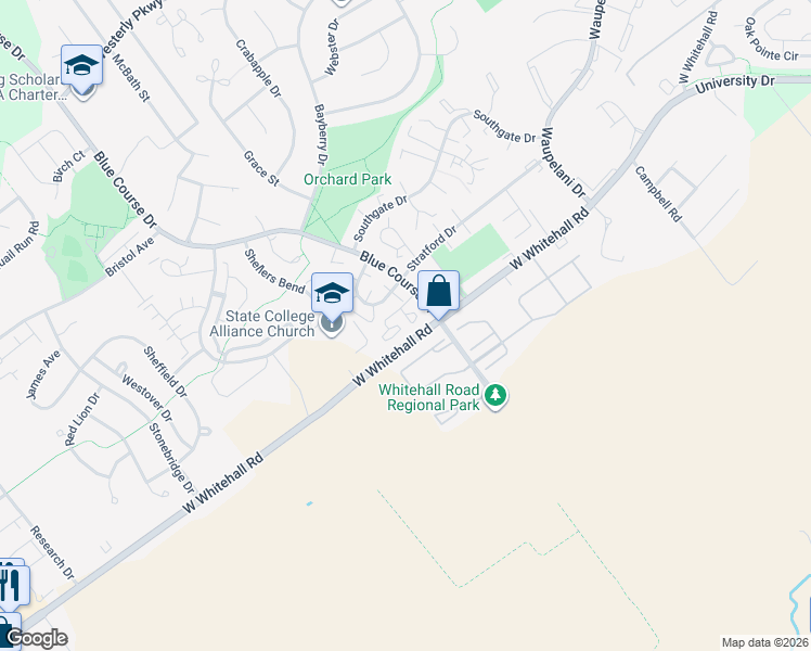 map of restaurants, bars, coffee shops, grocery stores, and more near 1736 Blue Course Drive in State College
