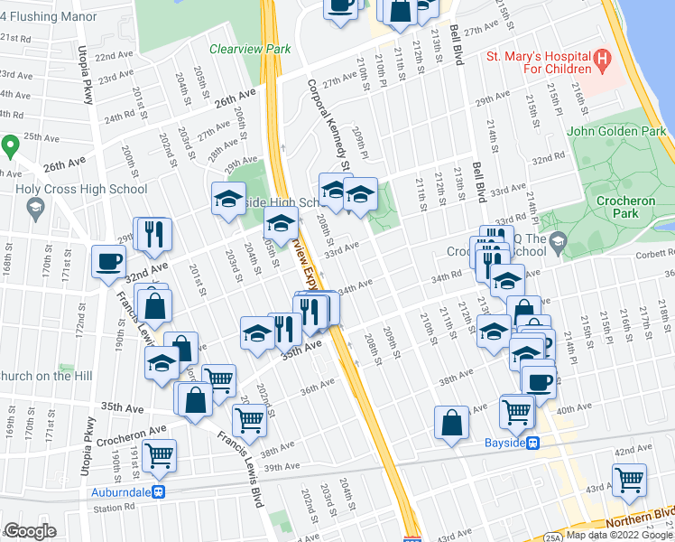 map of restaurants, bars, coffee shops, grocery stores, and more near 207-9 33rd Avenue in Queens