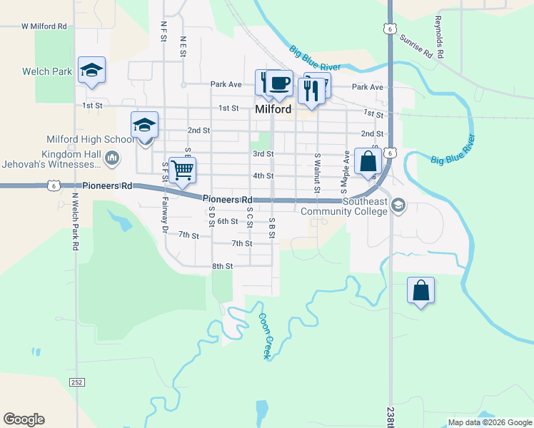 map of restaurants, bars, coffee shops, grocery stores, and more near 519 5th Street in Milford