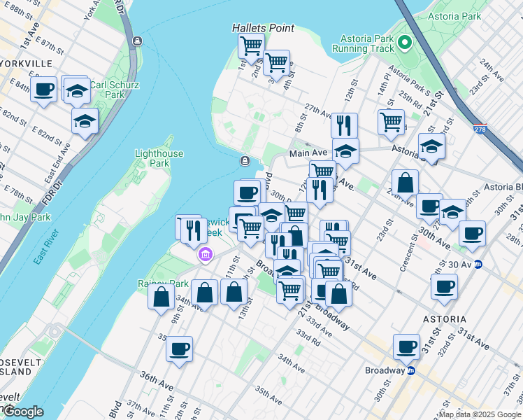 map of restaurants, bars, coffee shops, grocery stores, and more near 3329 Vernon Boulevard in Queens