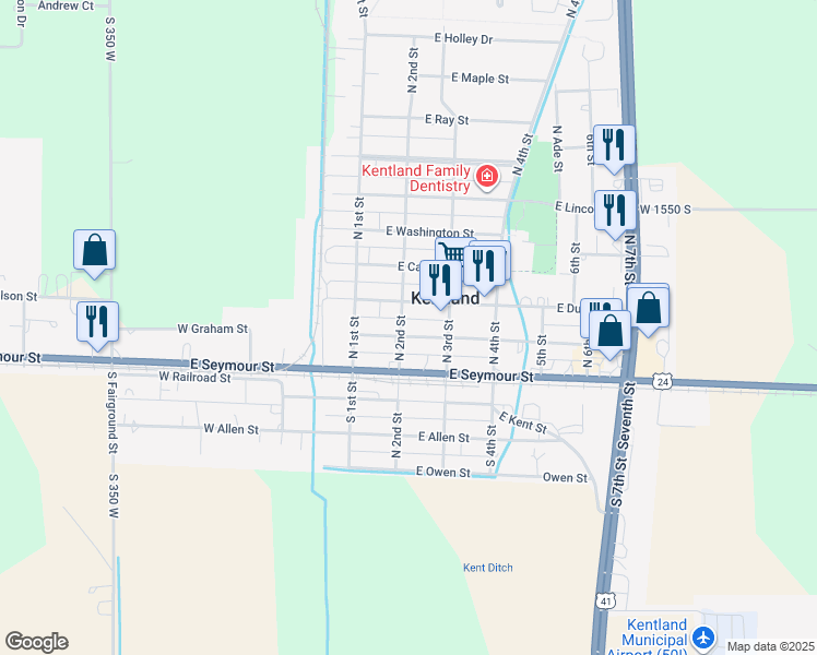 map of restaurants, bars, coffee shops, grocery stores, and more near 111 East Dunlap Street in Kentland