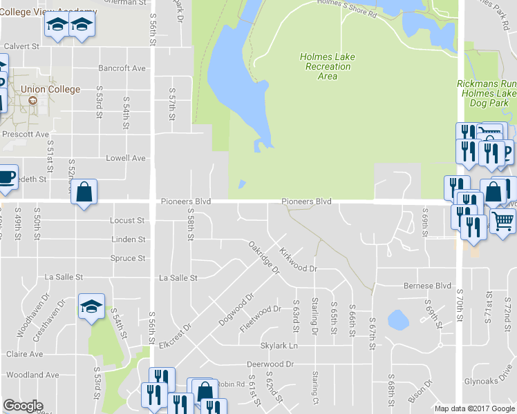 map of restaurants, bars, coffee shops, grocery stores, and more near 6033 Pioneers Boulevard in Lincoln