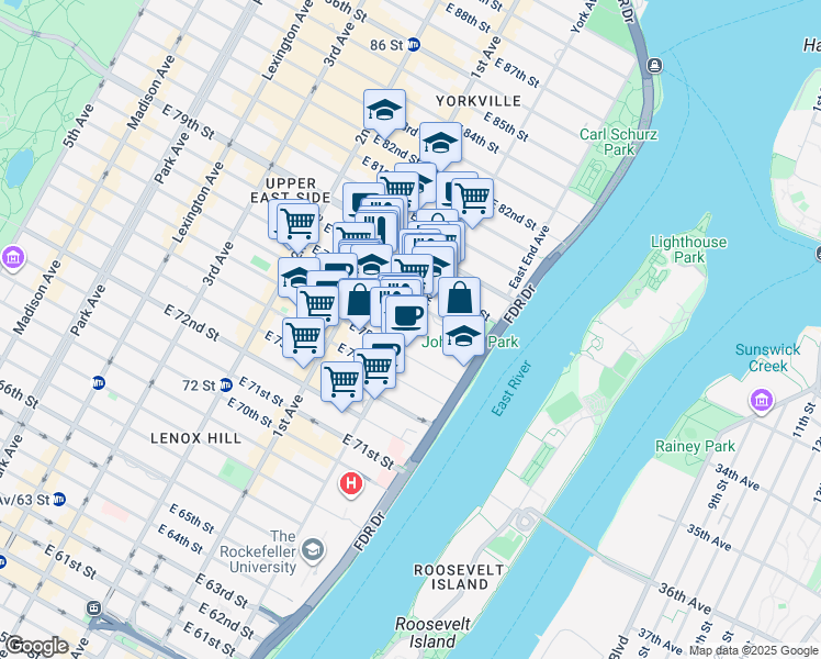 map of restaurants, bars, coffee shops, grocery stores, and more near York Avenue in New York