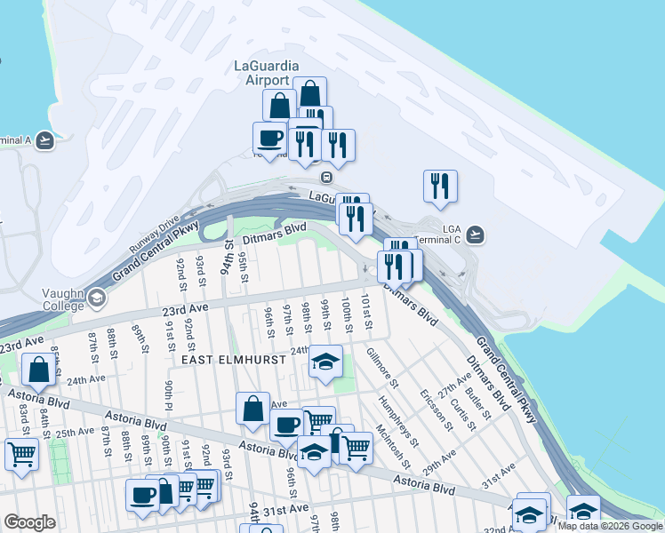 map of restaurants, bars, coffee shops, grocery stores, and more near 100-18 Ditmars Boulevard in Queens