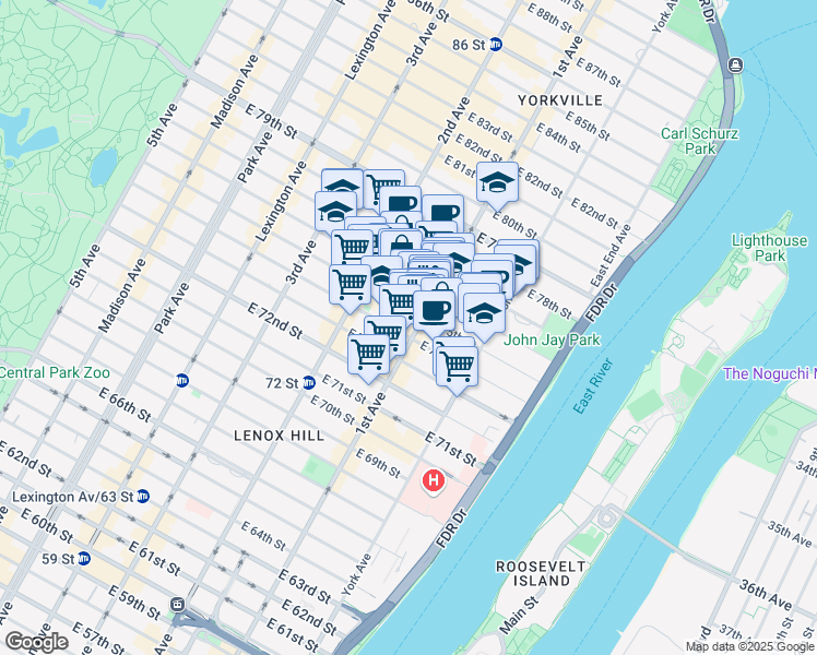 map of restaurants, bars, coffee shops, grocery stores, and more near 1445 1st Avenue in New York