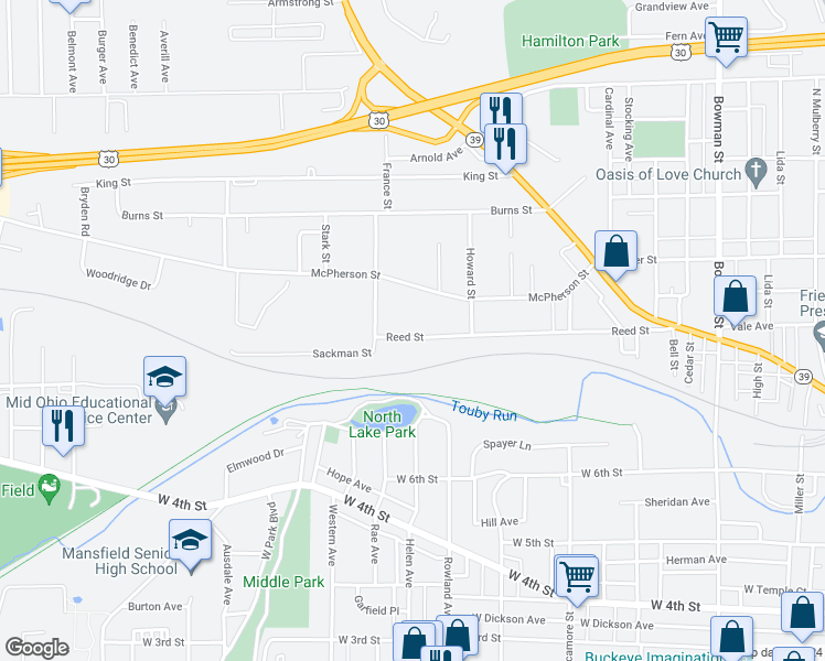 map of restaurants, bars, coffee shops, grocery stores, and more near 550 Reed Street in Mansfield