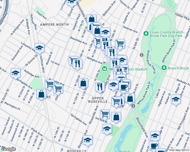 map of restaurants, bars, coffee shops, grocery stores, and more near 283 1st Avenue in Newark