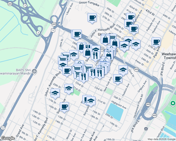 map of restaurants, bars, coffee shops, grocery stores, and more near 711 26th Street in Union City