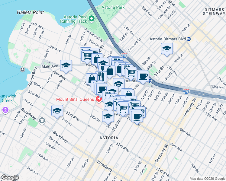 map of restaurants, bars, coffee shops, grocery stores, and more near 27-10 Newtown Avenue in Queens
