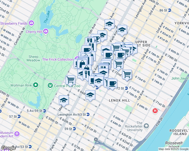 map of restaurants, bars, coffee shops, grocery stores, and more near 715 Park Avenue in New York