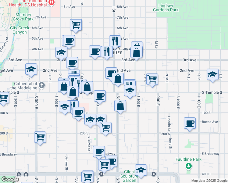 map of restaurants, bars, coffee shops, grocery stores, and more near 4 I Street in Salt Lake City