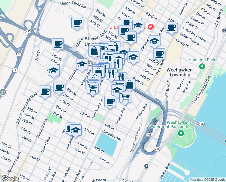 map of restaurants, bars, coffee shops, grocery stores, and more near 2812 New York Avenue in Union City