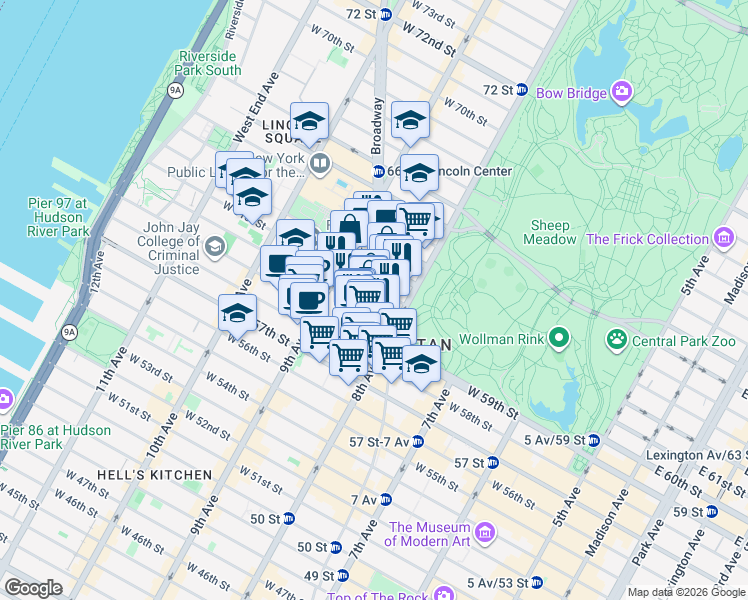 map of restaurants, bars, coffee shops, grocery stores, and more near 1849 Broadway in New York