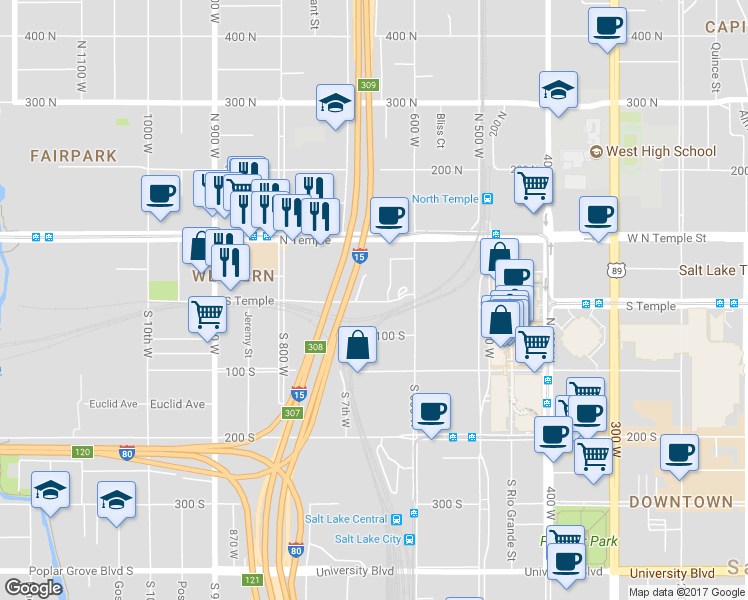 map of restaurants, bars, coffee shops, grocery stores, and more near 59 North 600 West in Salt Lake City