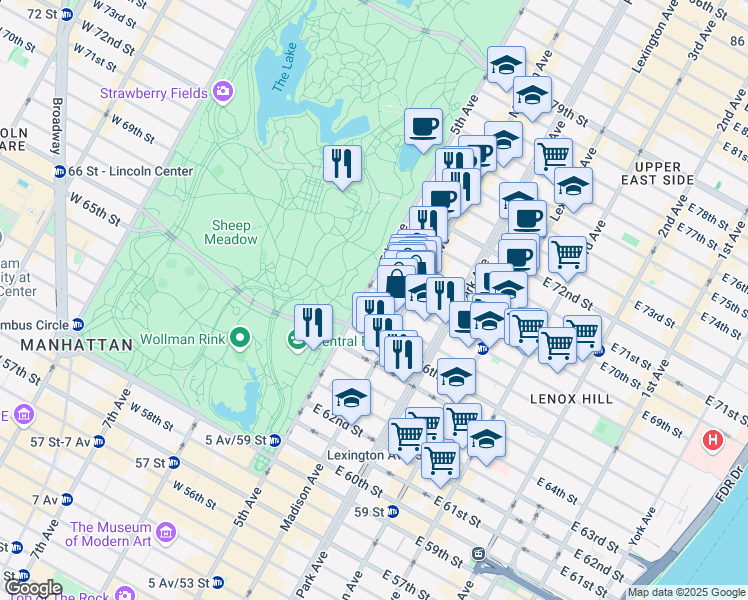 map of restaurants, bars, coffee shops, grocery stores, and more near 6 East 69th Street in New York