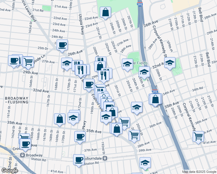 map of restaurants, bars, coffee shops, grocery stores, and more near 2938 200th Street in Queens