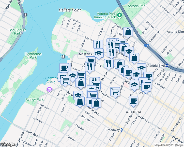 map of restaurants, bars, coffee shops, grocery stores, and more near 30-35 14th Street in Queens
