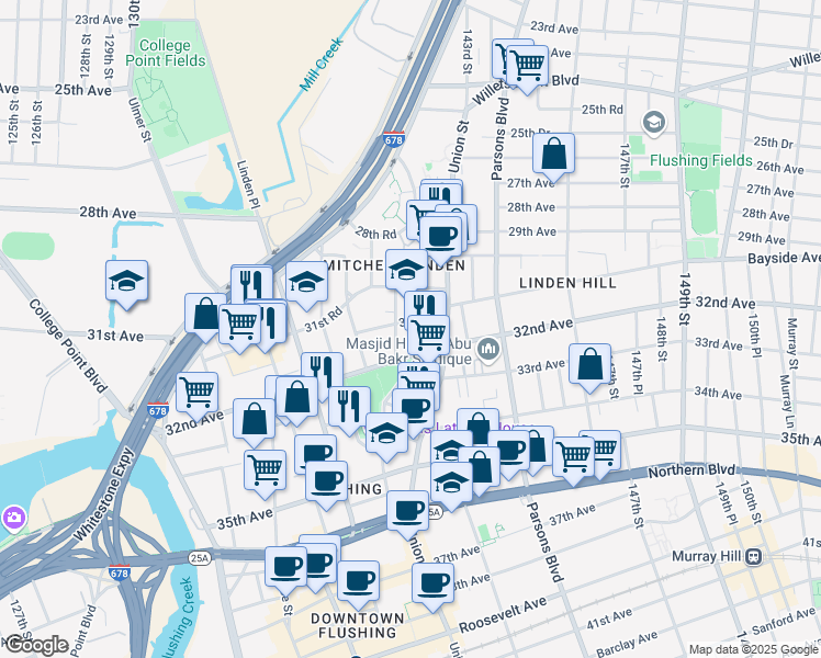 map of restaurants, bars, coffee shops, grocery stores, and more near 140-16 31st Drive in Queens