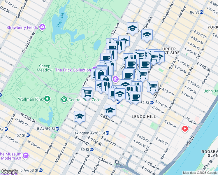 map of restaurants, bars, coffee shops, grocery stores, and more near 700 Park Avenue in New York