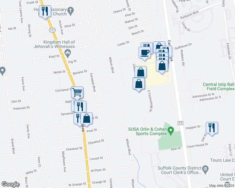 map of restaurants, bars, coffee shops, grocery stores, and more near 688 Wilson Boulevard in Central Islip